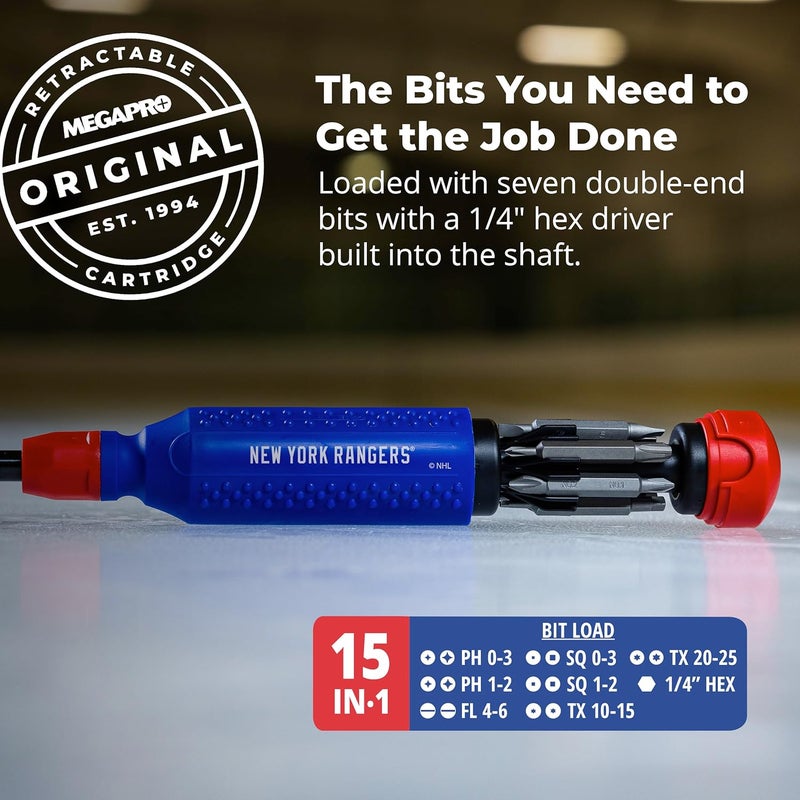 Megapro ® NHL® Team Edition Multi-bit Screwdriver | Officially Licensed NHL® Gear | Durable, Ergonomic, Pro-Grade Screwdriver (New York Rangers®) - Image 3